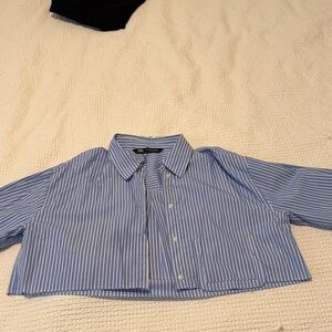Zara Blue and White Striped Cropped Blouse